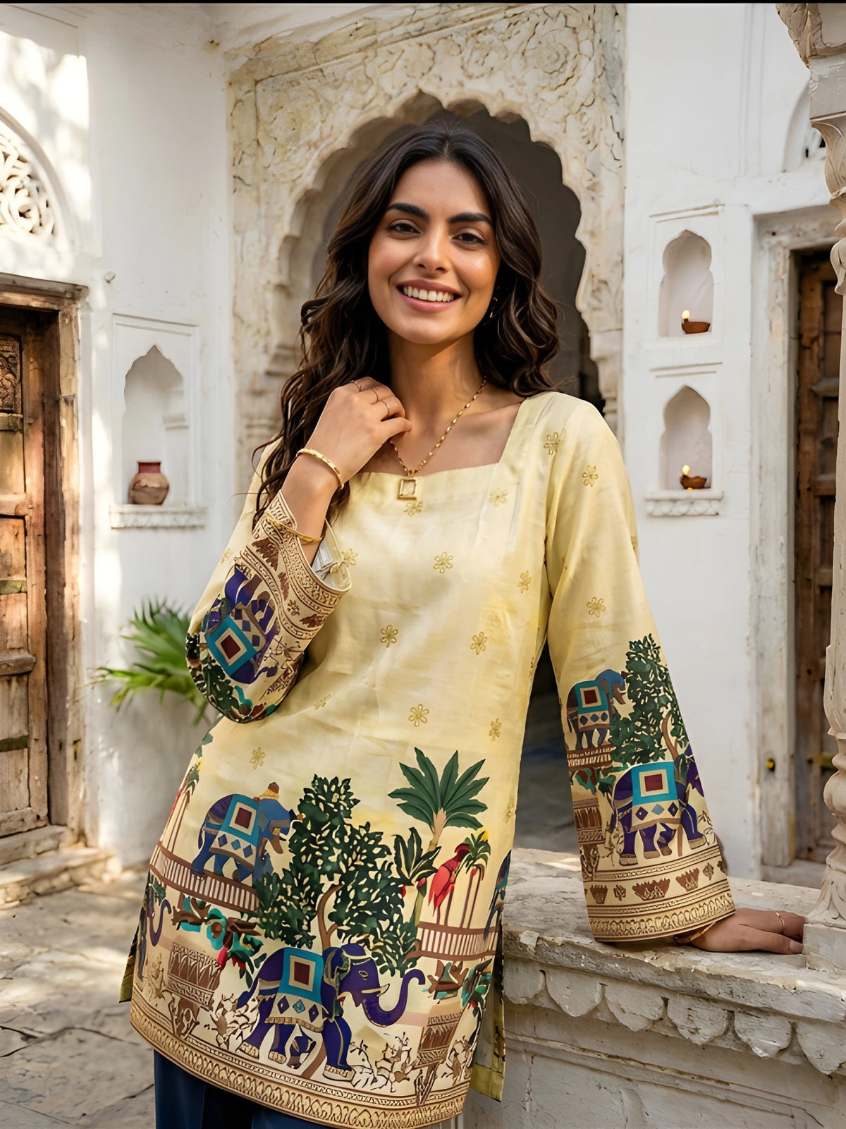 Upper body close-up of yellow Kalamkari print cotton short kurti with square neck and full sleeves featuring traditional Rajasthani motifs
