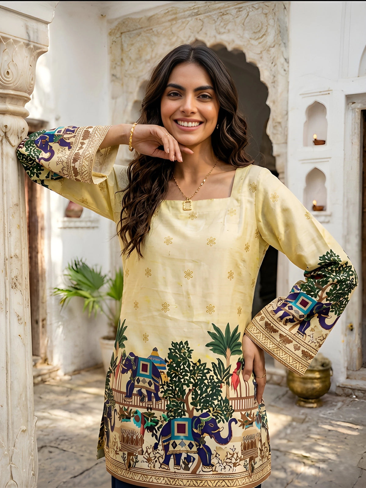 Close-up front view of yellow Kalamkari short kurti with square neckline and bold elephant and tree print border in cotton fabric