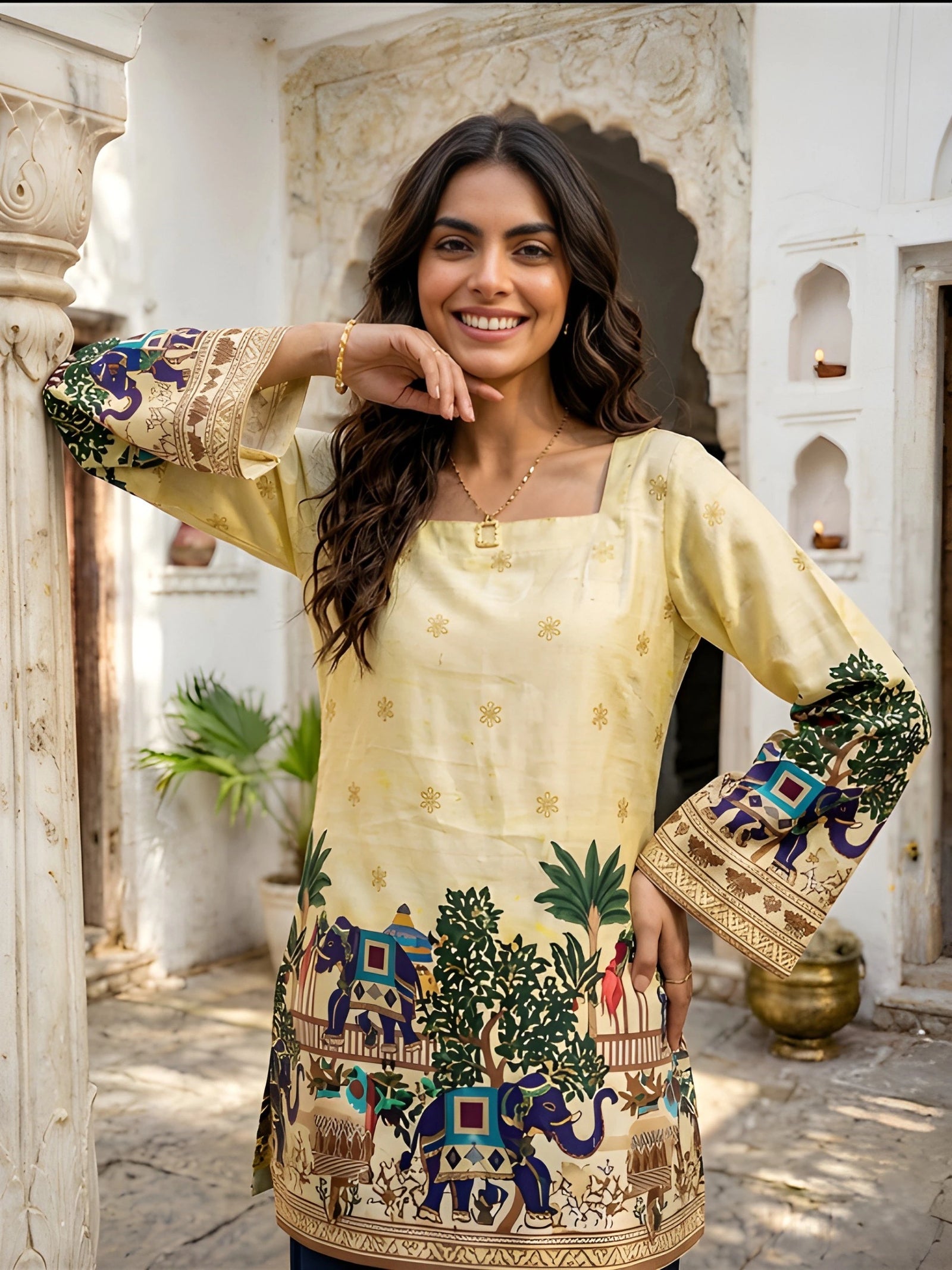 Close-up front view of yellow Kalamkari short kurti with square neckline and bold elephant and tree print border in cotton fabric