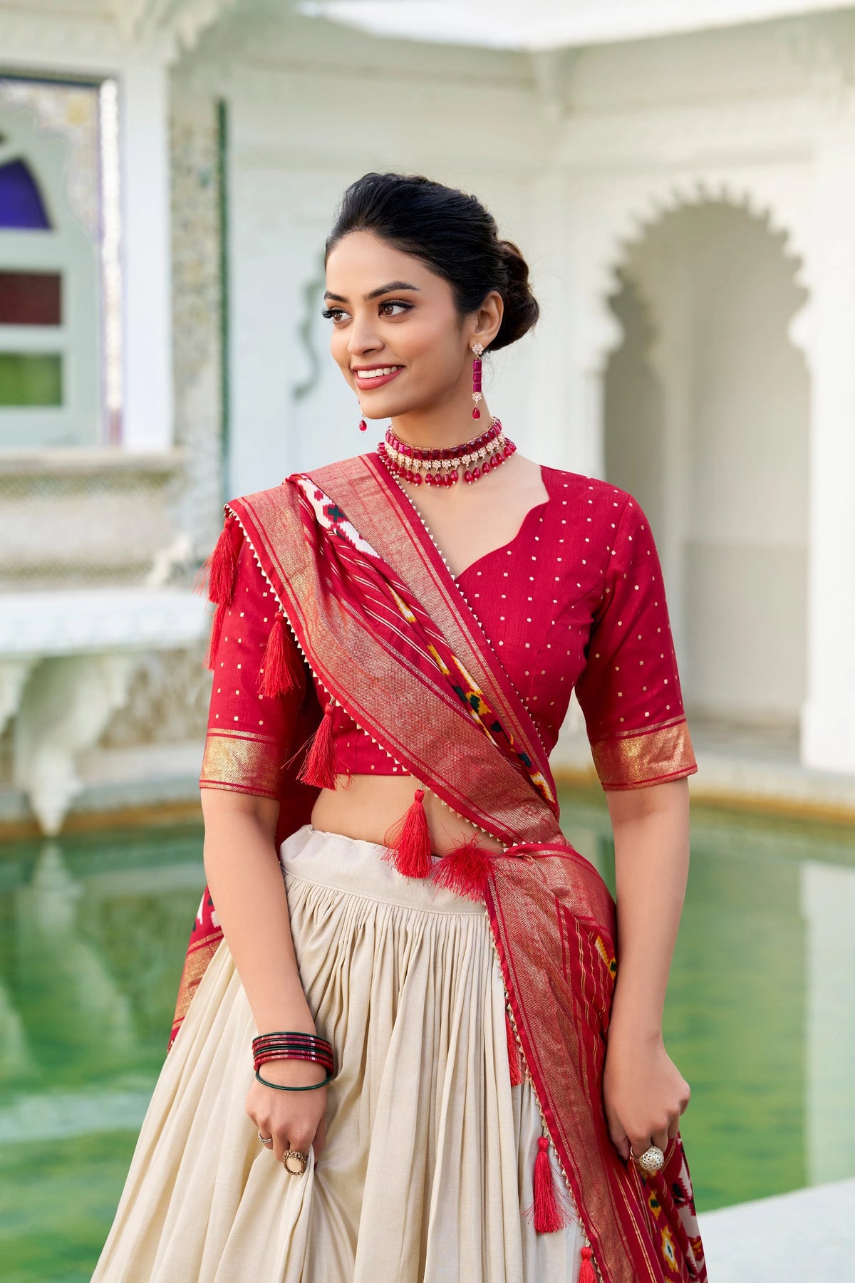 Beige Tussar Silk Lehenga