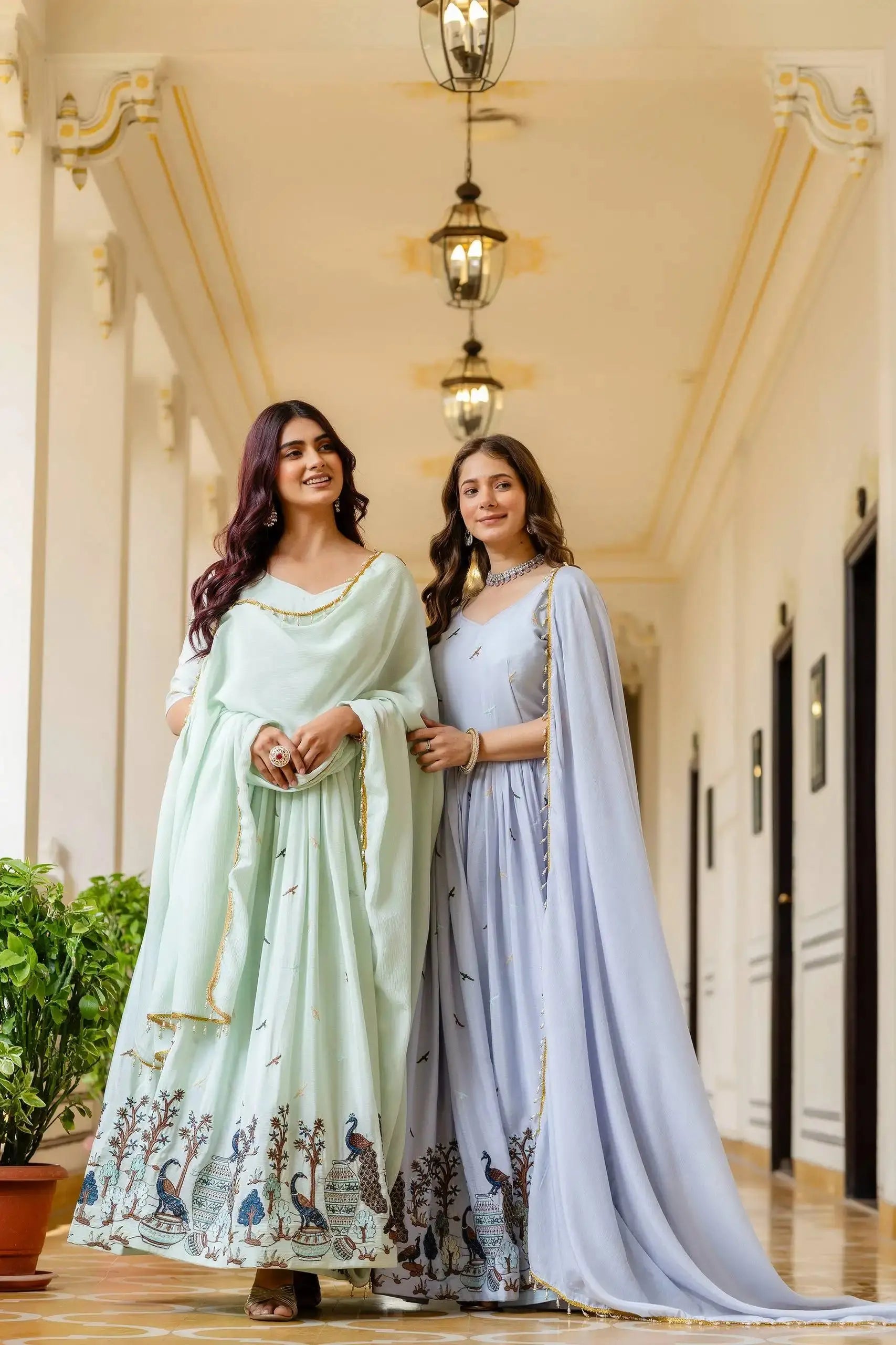Powder Blue Embroidered Suit – Anarkali Cut with Peacock Border