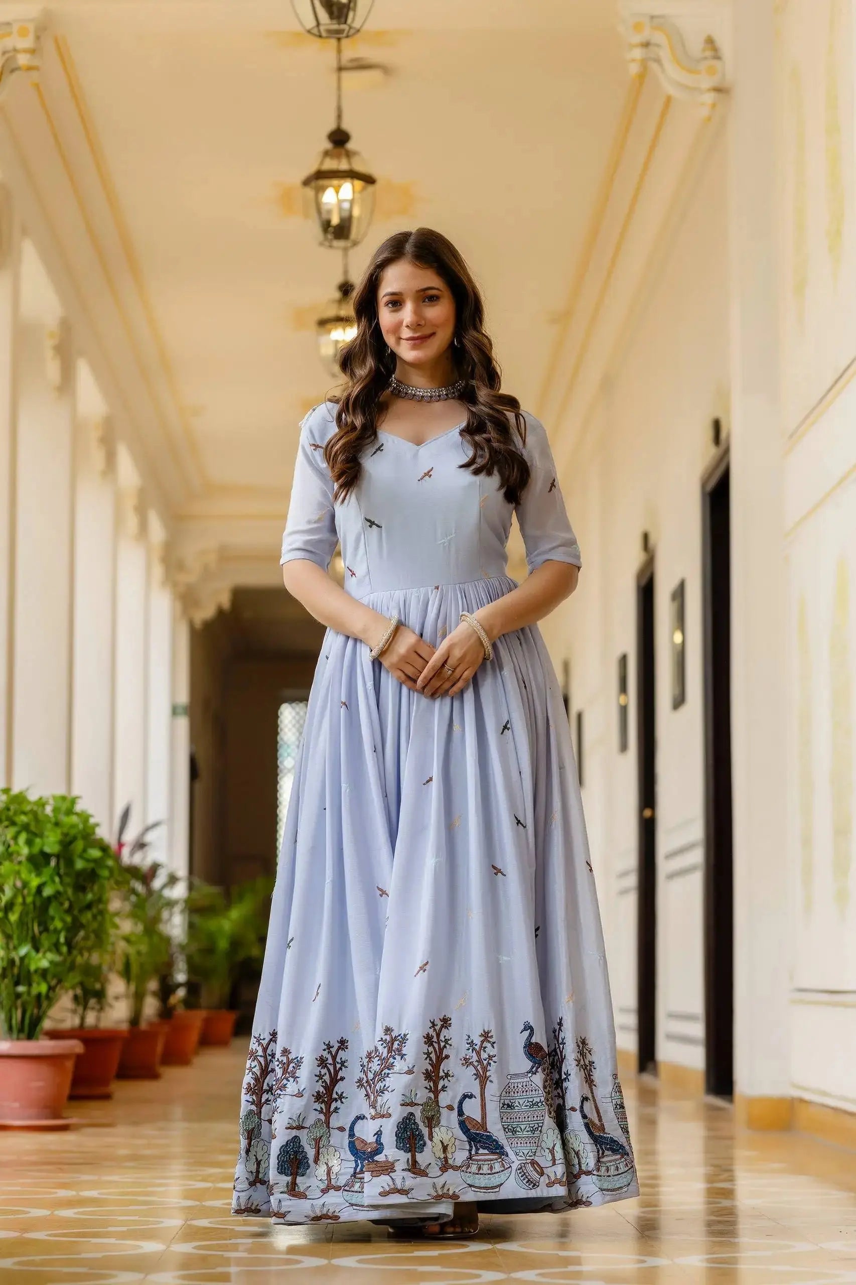 Powder Blue Embroidered Suit – Anarkali Cut with Peacock Border