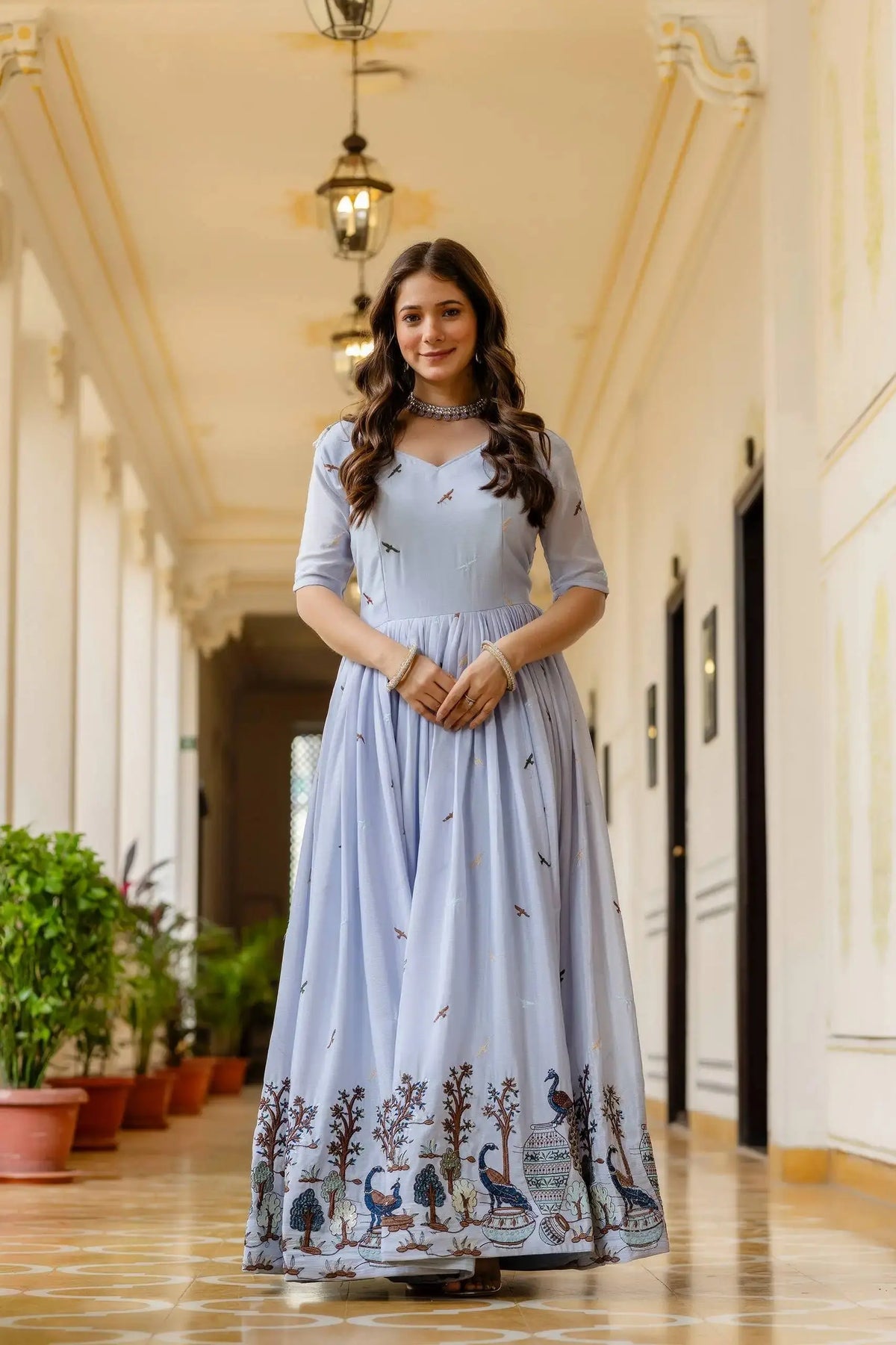 Powder Blue Embroidered Suit – Anarkali Cut with Peacock Border