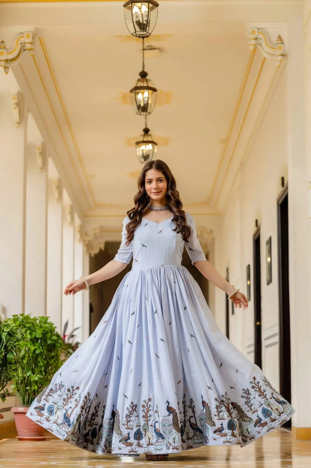 Powder Blue Embroidered Suit – Anarkali Cut with Peacock Border