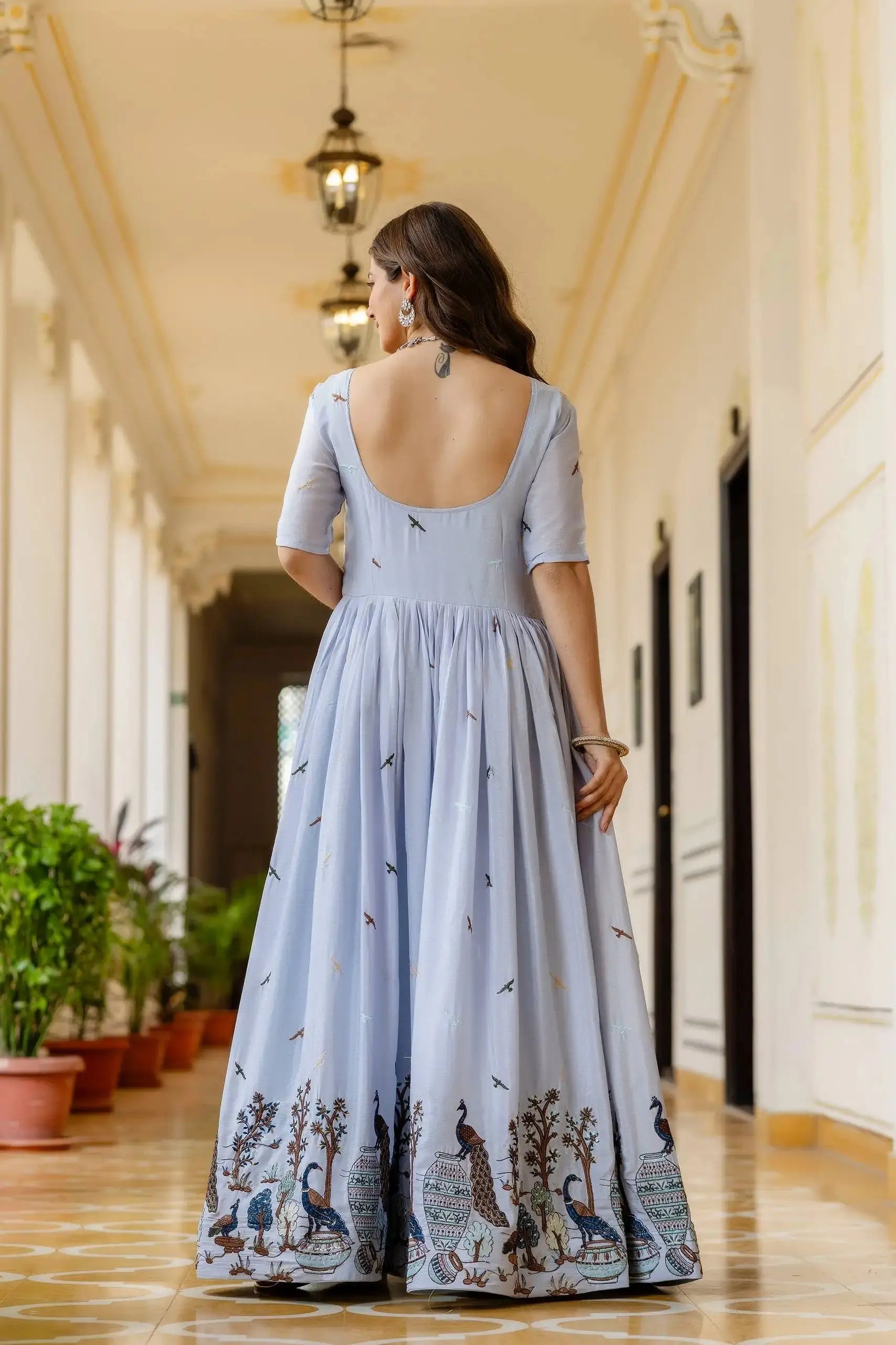 Powder Blue Embroidered Suit – Anarkali Cut with Peacock Border