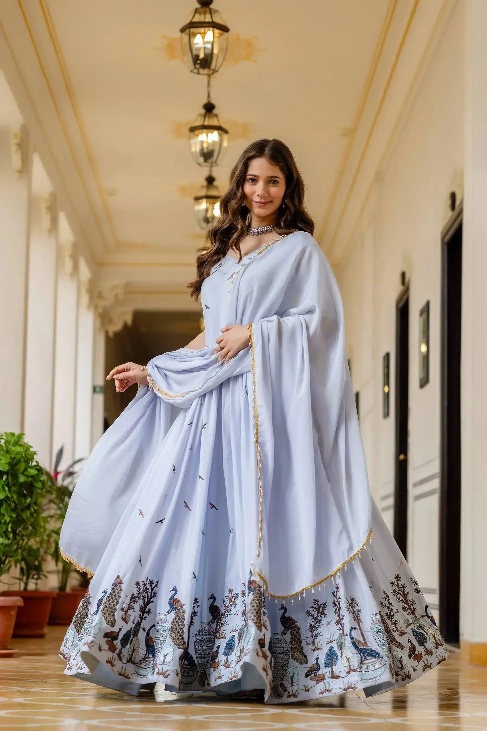 Powder Blue Embroidered Suit – Anarkali Cut with Peacock Border