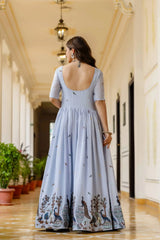 Powder Blue Embroidered Suit – Anarkali Cut with Peacock Border