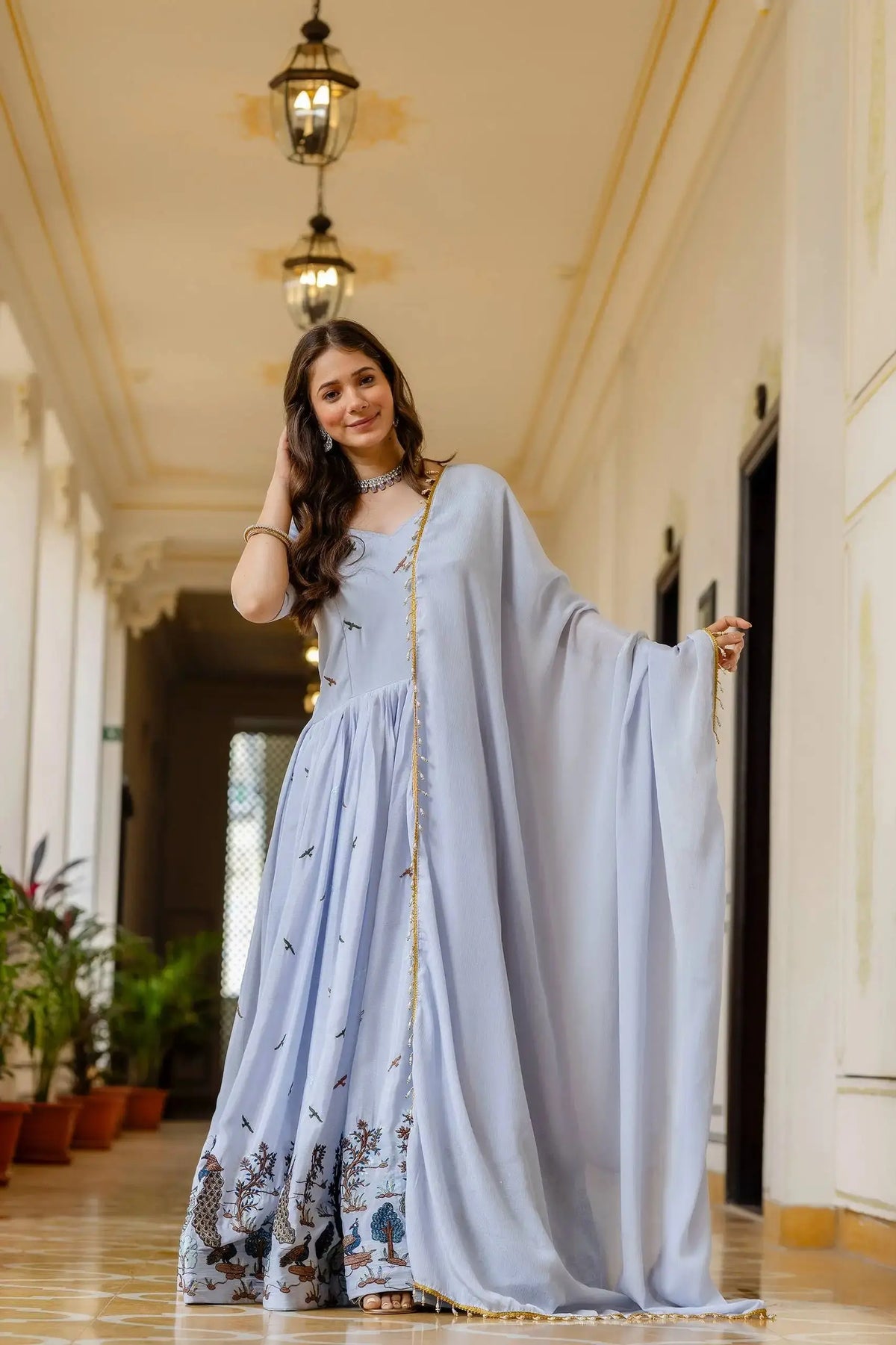 Powder Blue Embroidered Suit – Anarkali Cut with Peacock Border