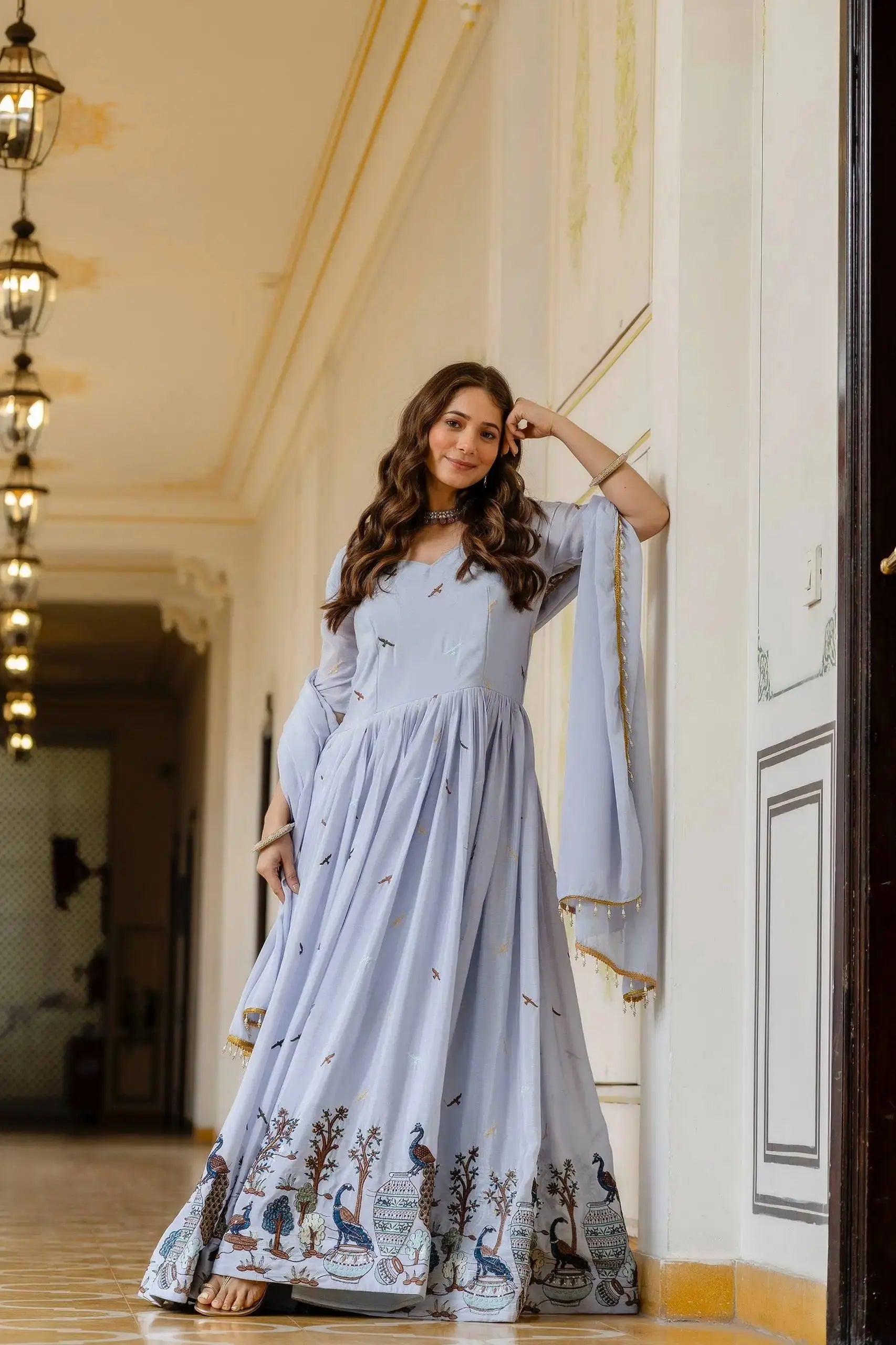 Powder Blue Embroidered Suit – Anarkali Cut with Peacock Border