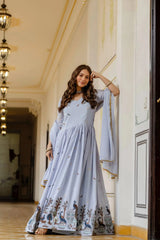 Powder Blue Embroidered Suit – Anarkali Cut with Peacock Border