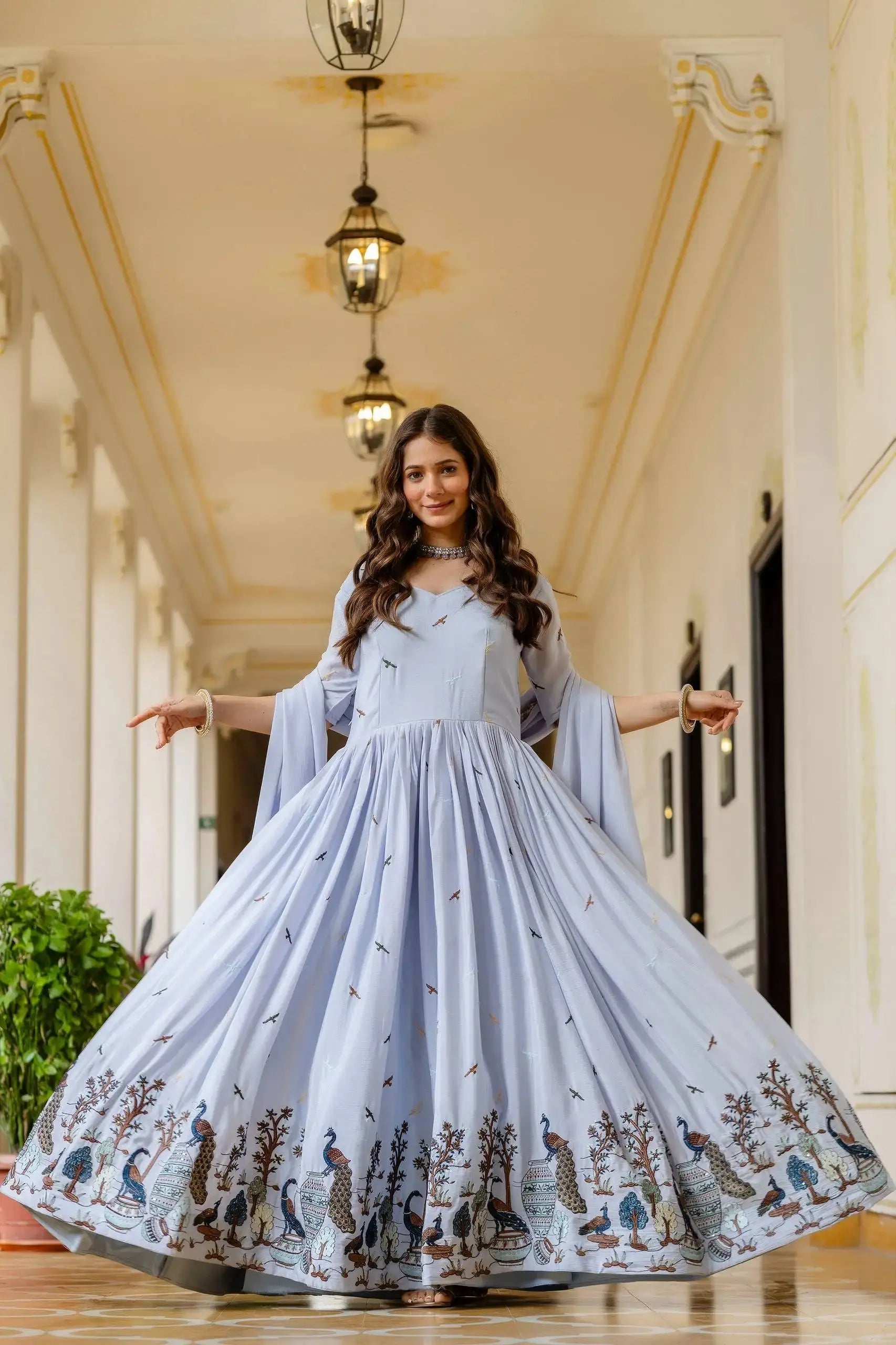 Powder Blue Embroidered Suit – Anarkali Cut with Peacock Border