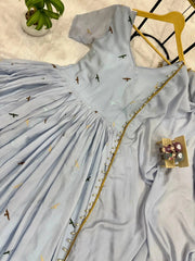 Powder Blue Embroidered Suit – Anarkali Cut with Peacock Border