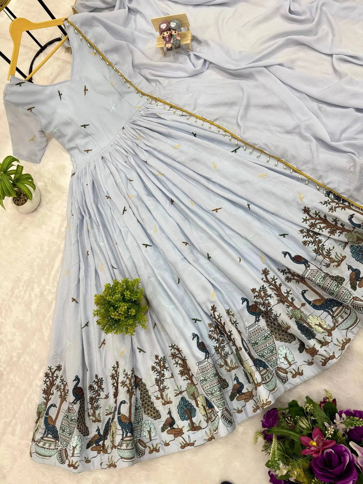 Powder Blue Embroidered Suit – Anarkali Cut with Peacock Border