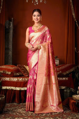 Dark Pink Jacquard Weaving Saree – Gold Zari, Silk Blend, Bridal & Wedding Wear
