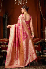 Dark Pink Jacquard Weaving Saree – Gold Zari, Silk Blend, Bridal & Wedding Wear