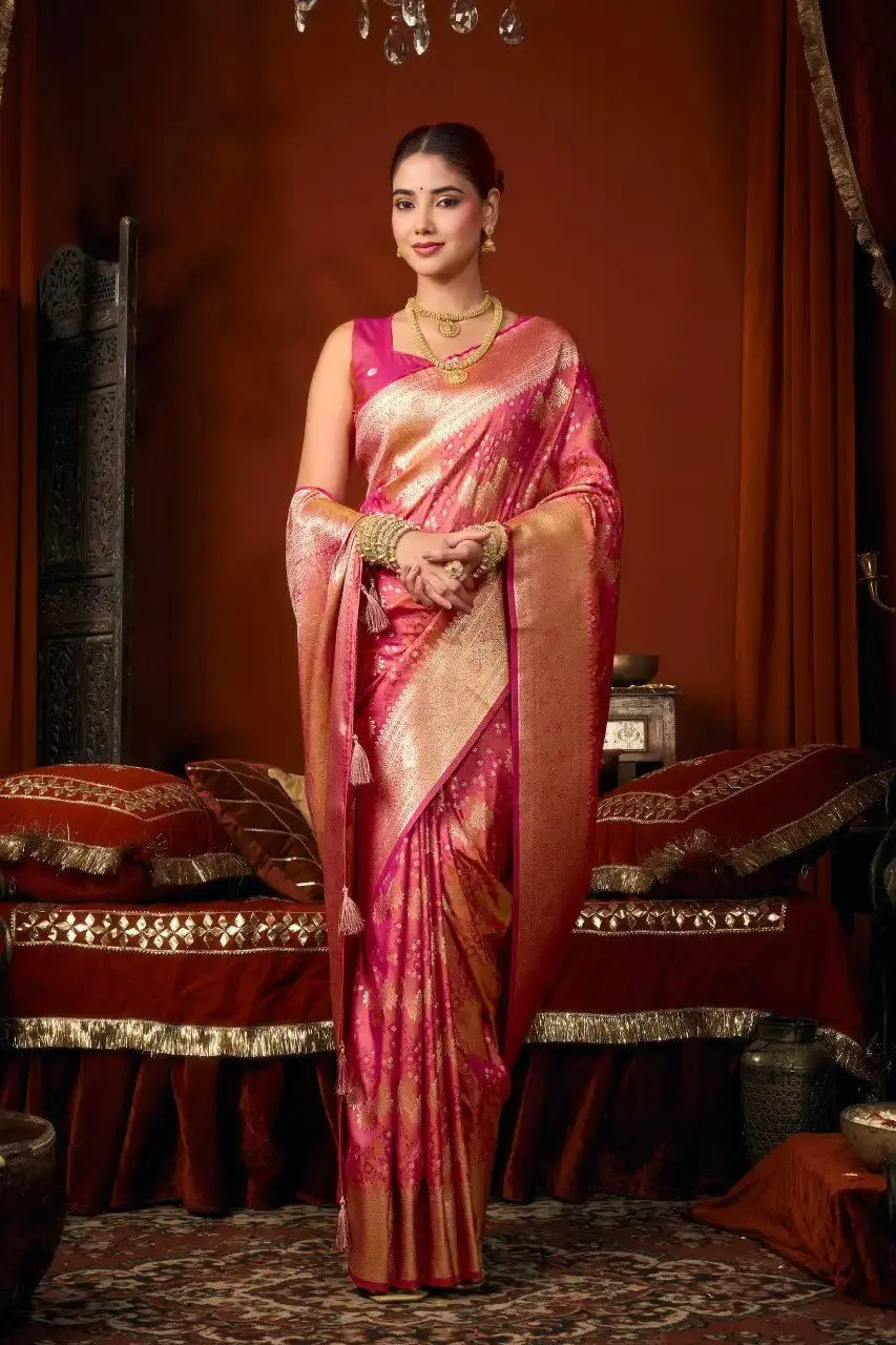 Dark Pink Jacquard Weaving Saree – Gold Zari, Silk Blend, Bridal & Wedding Wear