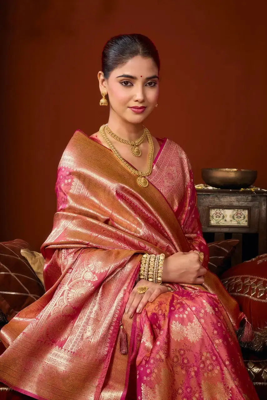Dark Pink Jacquard Weaving Saree – Gold Zari, Silk Blend, Bridal & Wedding Wear