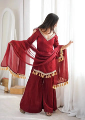 Maroon Mirror Work Suit – Cold Shoulder Bell Sleeves, Palazzo & Dupatta