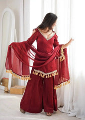 Maroon Mirror Work Suit – Cold Shoulder Bell Sleeves, Palazzo & Dupatta