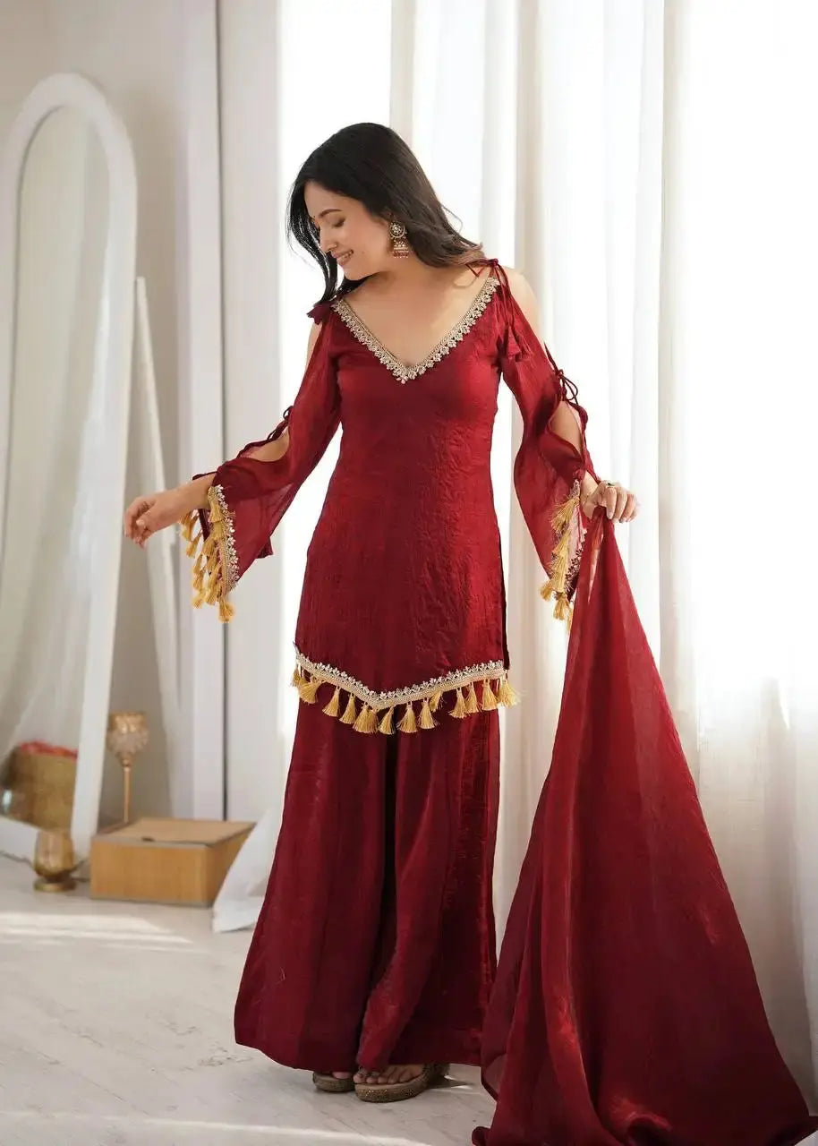 Maroon Mirror Work Suit – Cold Shoulder Bell Sleeves, Palazzo & Dupatta