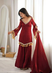 Maroon Mirror Work Suit – Cold Shoulder Bell Sleeves, Palazzo & Dupatta