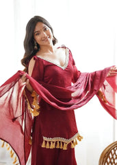 Maroon Mirror Work Suit – Cold Shoulder Bell Sleeves, Palazzo & Dupatta