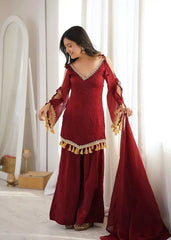 Maroon Mirror Work Suit – Cold Shoulder Bell Sleeves, Palazzo & Dupatta