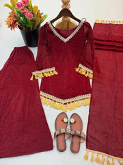 Maroon Mirror Work Suit – Cold Shoulder Bell Sleeves, Palazzo & Dupatta