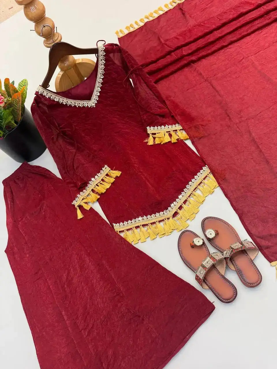 Maroon Mirror Work Suit – Cold Shoulder Bell Sleeves, Palazzo & Dupatta