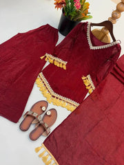 Maroon Mirror Work Suit – Cold Shoulder Bell Sleeves, Palazzo & Dupatta