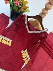 Maroon Mirror Work Suit – Cold Shoulder Bell Sleeves, Palazzo & Dupatta