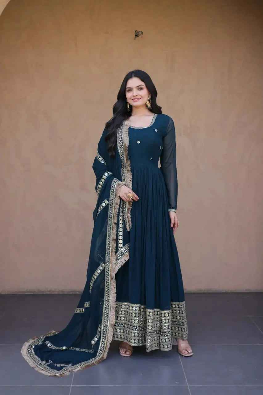 Rama Blue Pipe Beads Embroidered Anarkali Suit – Sequins Work with Dupatta