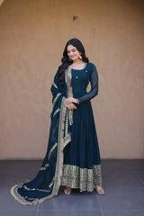 Rama Blue Pipe Beads Embroidered Anarkali Suit – Sequins Work with Dupatta