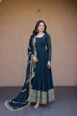 Rama Blue Pipe Beads Embroidered Anarkali Suit – Sequins Work with Dupatta