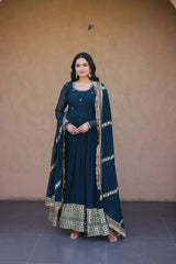 Rama Blue Pipe Beads Embroidered Anarkali Suit – Sequins Work with Dupatta