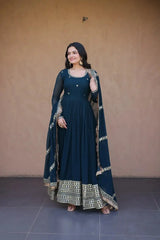 Rama Blue Pipe Beads Embroidered Anarkali Suit – Sequins Work with Dupatta