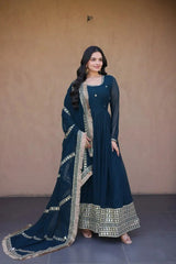 Rama Blue Pipe Beads Embroidered Anarkali Suit – Sequins Work with Dupatta