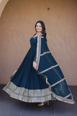 Rama Blue Pipe Beads Embroidered Anarkali Suit – Sequins Work with Dupatta