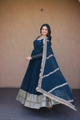 Rama Blue Pipe Beads Embroidered Anarkali Suit – Sequins Work with Dupatta