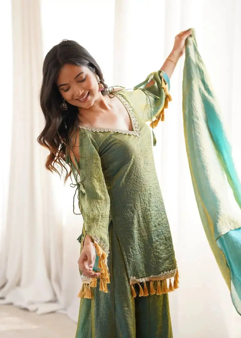 Green Mirror Work Suit – Cold Shoulder Bell Sleeves, Palazzo & Dupatta