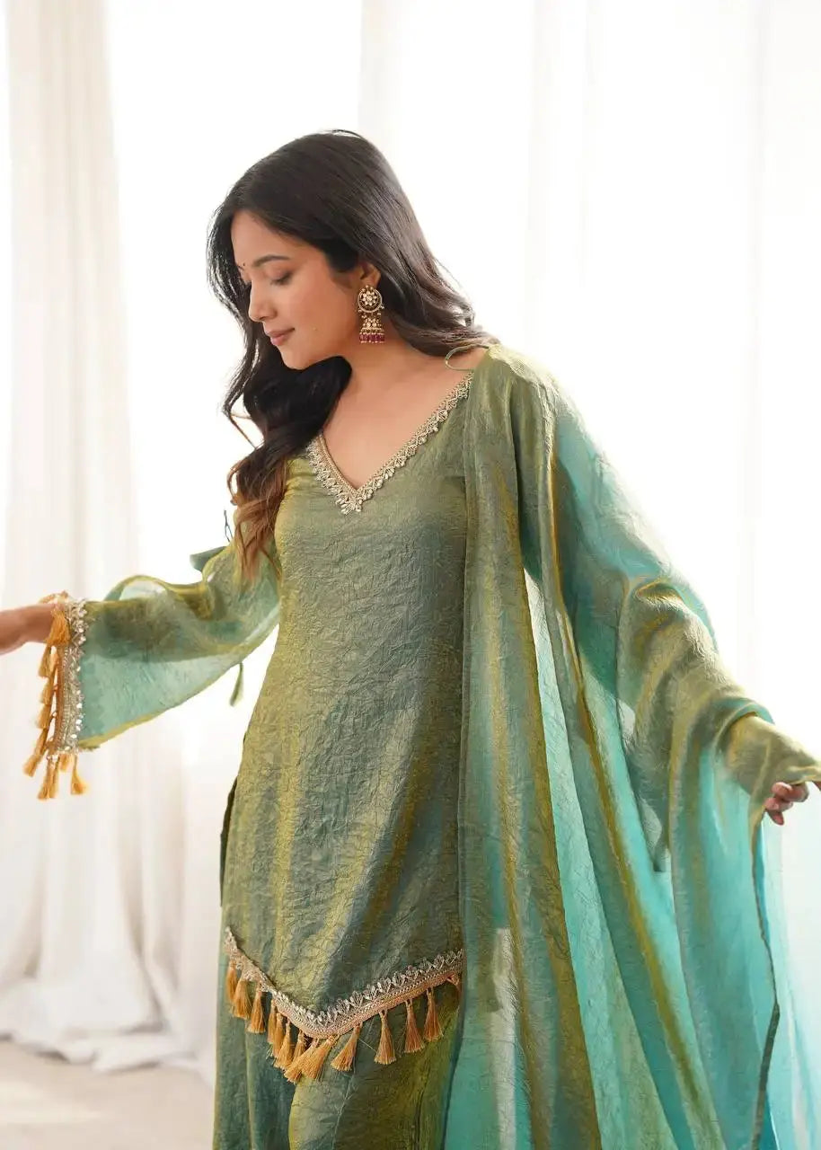 Green Mirror Work Suit – Cold Shoulder Bell Sleeves, Palazzo & Dupatta