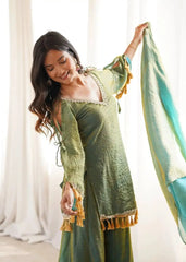 Green Mirror Work Suit – Cold Shoulder Bell Sleeves, Palazzo & Dupatta