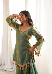 Green Mirror Work Suit – Cold Shoulder Bell Sleeves, Palazzo & Dupatta