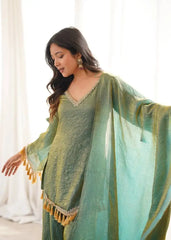 Green Mirror Work Suit – Cold Shoulder Bell Sleeves, Palazzo & Dupatta