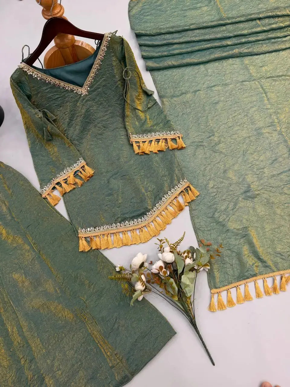 Green Mirror Work Suit – Cold Shoulder Bell Sleeves, Palazzo & Dupatta