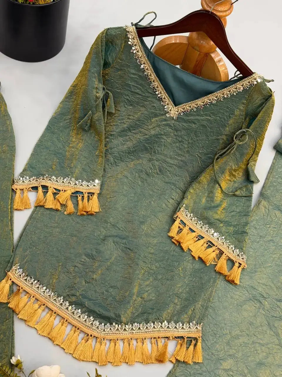 Green Mirror Work Suit – Cold Shoulder Bell Sleeves, Palazzo & Dupatta