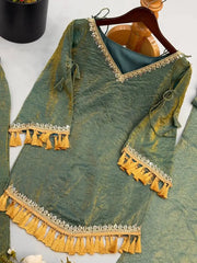 Green Mirror Work Suit – Cold Shoulder Bell Sleeves, Palazzo & Dupatta