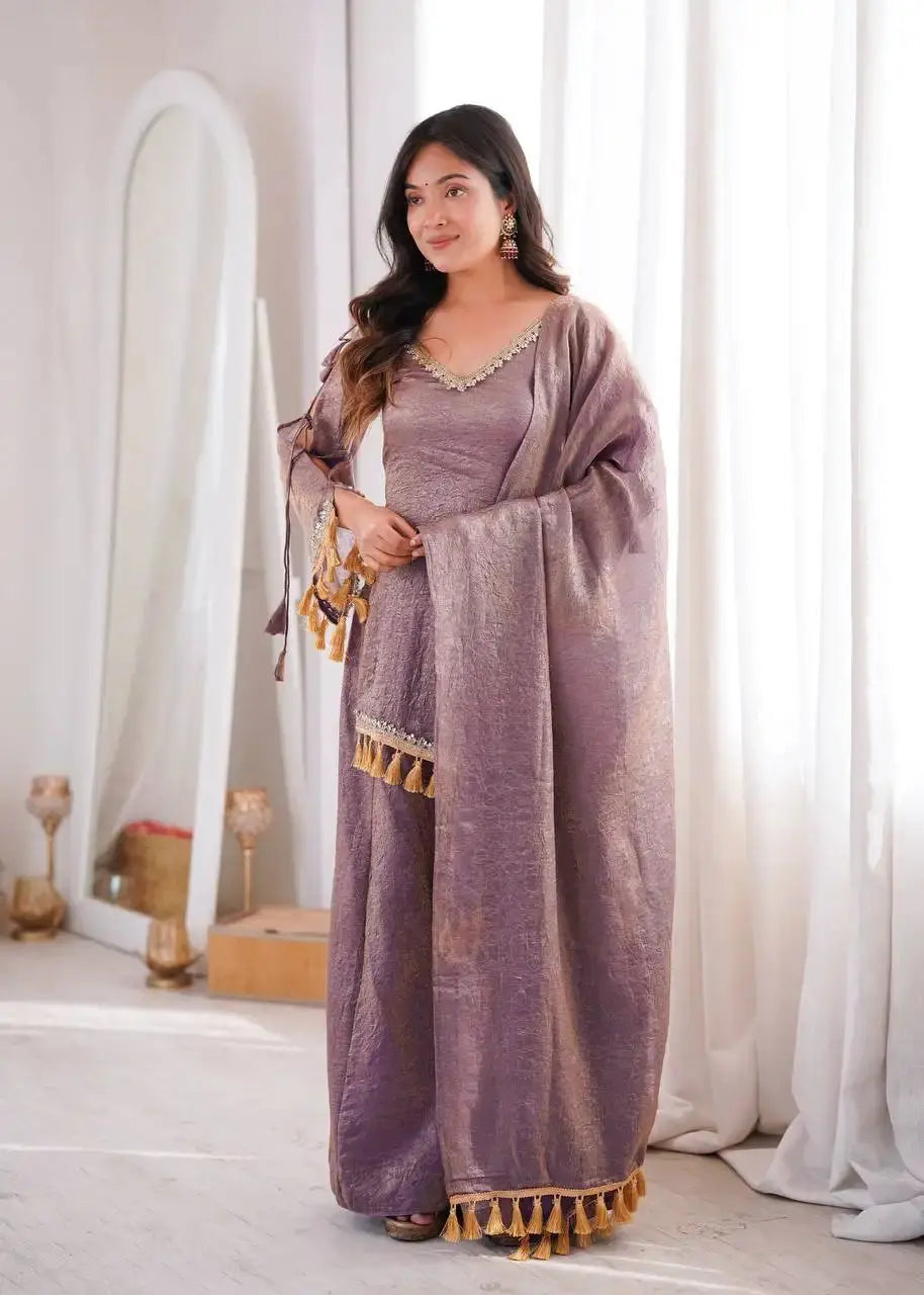 Lavender Mirror Work Suit – Cold Shoulder Bell Sleeves, Palazzo & Dupatta