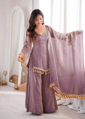 Lavender Mirror Work Suit – Cold Shoulder Bell Sleeves, Palazzo & Dupatta