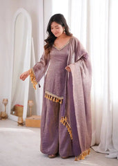 Lavender Mirror Work Suit – Cold Shoulder Bell Sleeves, Palazzo & Dupatta
